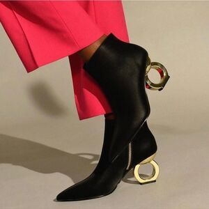 Kat Maconie Alba Black Leather Gold Heel Boots Size 7